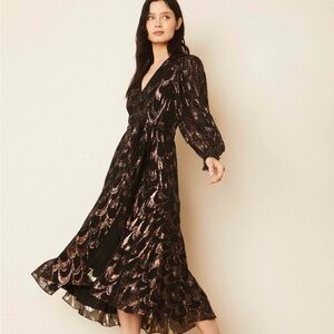 Metallic Black & Rose Gold Midi Dress with V-Neck